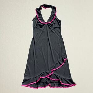 Y2K vintage black ruffled halter dress with pink trim asymmetrical hem 2000s